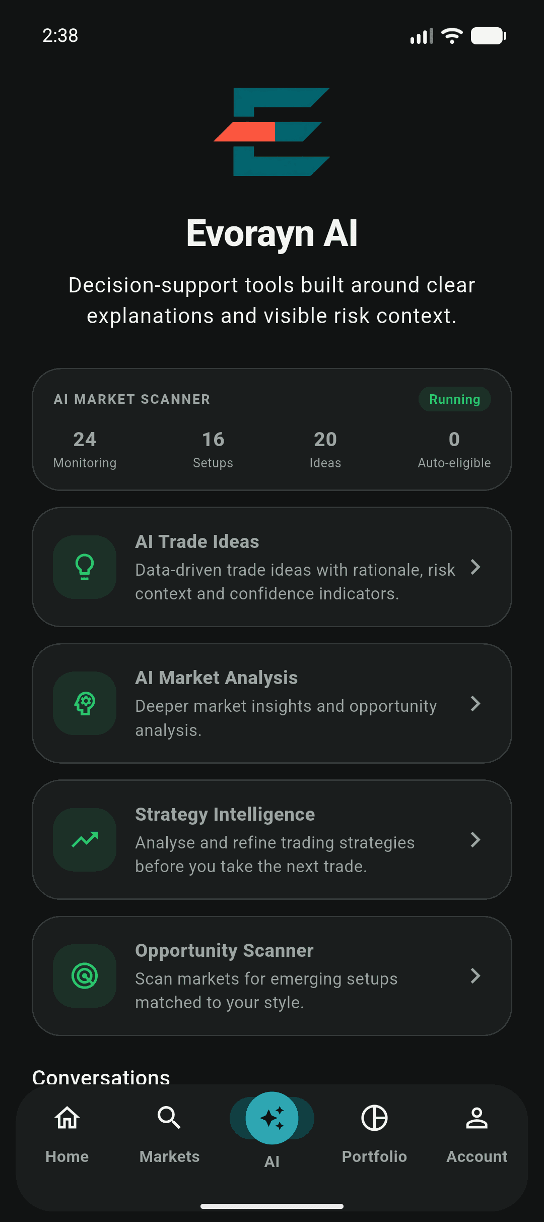 Evorayn AI research screen showing the scanner, trade ideas and market analysis